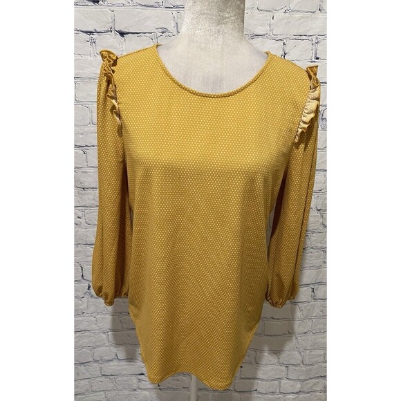 Adrianna Papell Long Sleeve Ruffle Shoulder Polka Dot Top Blouse Size Medium - Picture 1 of 8